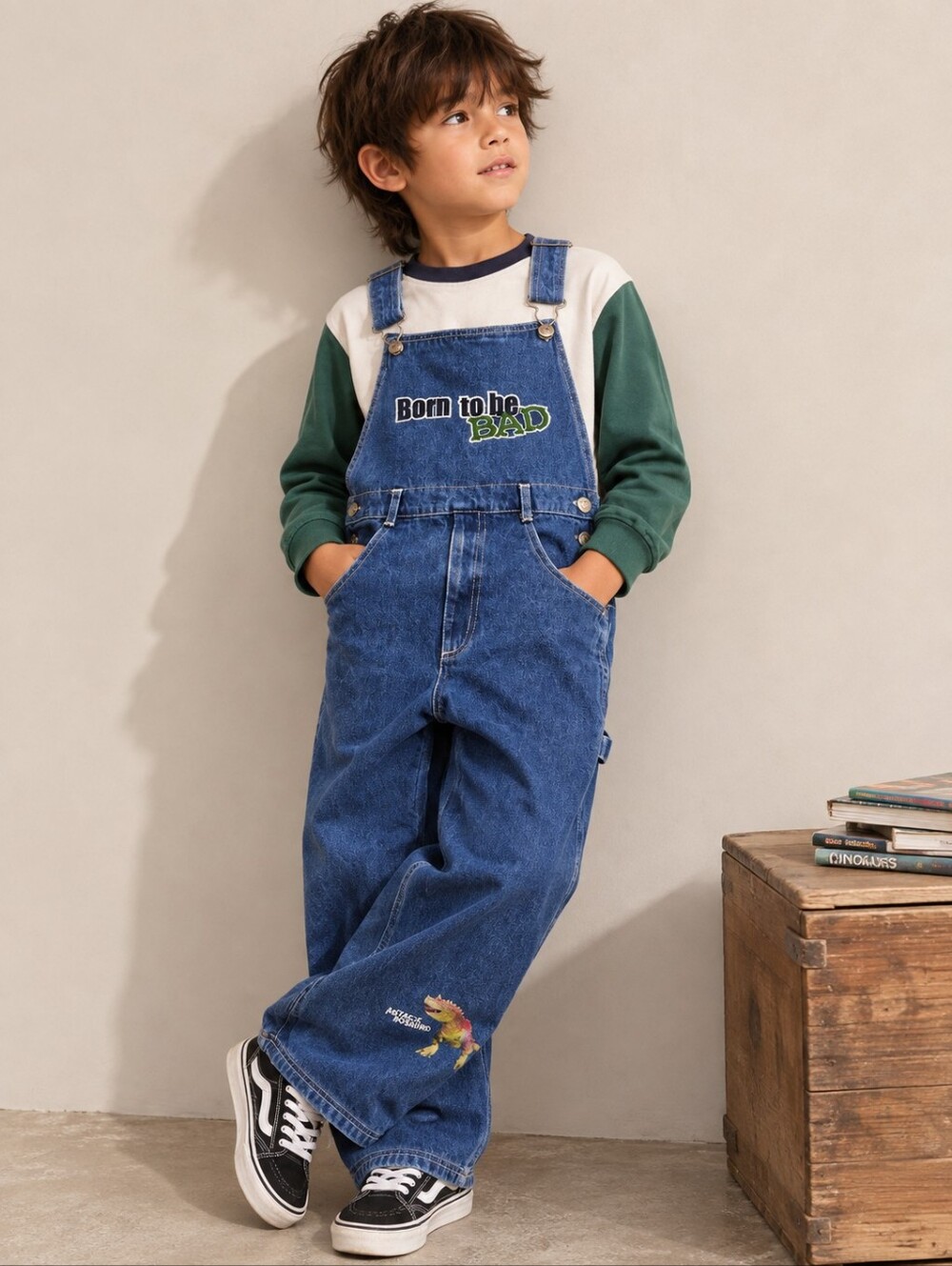 Vintage Disney Dinosaur Denim Overalls Kids Size 7 Born to Be Bad Y2K 90s